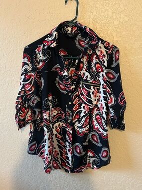 Bebe floral bohemian Black Paisley Button-Down Shirt with Red & White Accents